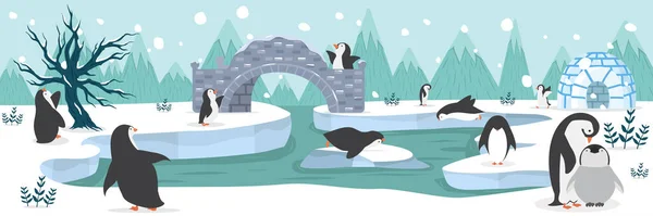 Biegun Północny Arktyka Pingwiny Tło Zwierząt — Wektor stockowy