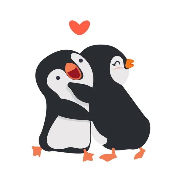 Lindos Pingüinos Abrazo Pareja Con Corazón — Vector de stock