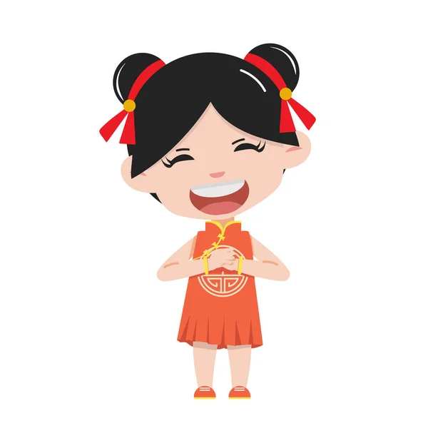 Chinese Cute Girl Cartoon Greeting Pose — Stock Vector