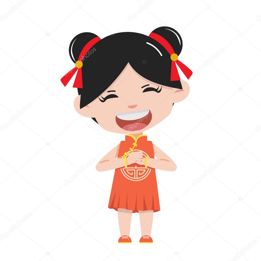 Chinese cute girl cartoon greeting pose