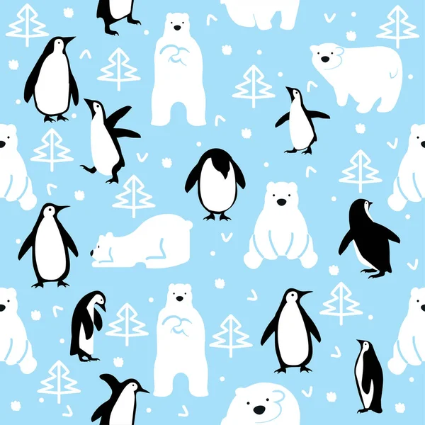 Osos Polares Con Pingüinos Dibujos Animados Patrón Sin Saemless — Archivo Imágenes Vectoriales