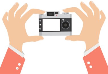 Eller iş adamı kamerayı beyaz arkaplanda tutuyor