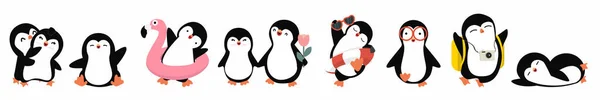 Pequenos Pinguins Bonitos Coloca Doodle Set —  Vetores de Stock