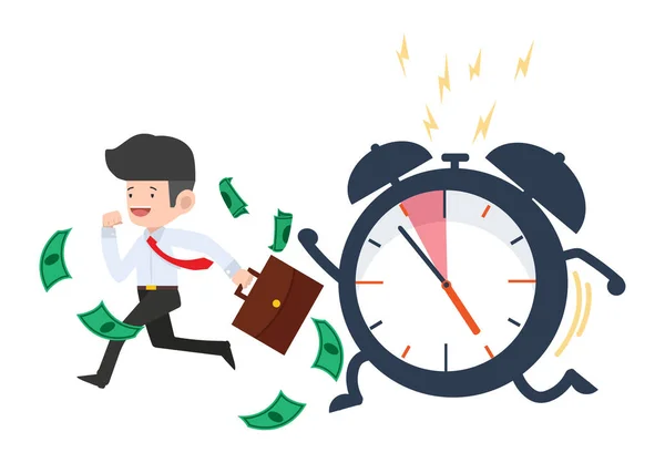 Busy Businessman Running Big Ringing Timer Clock — Stock Vector