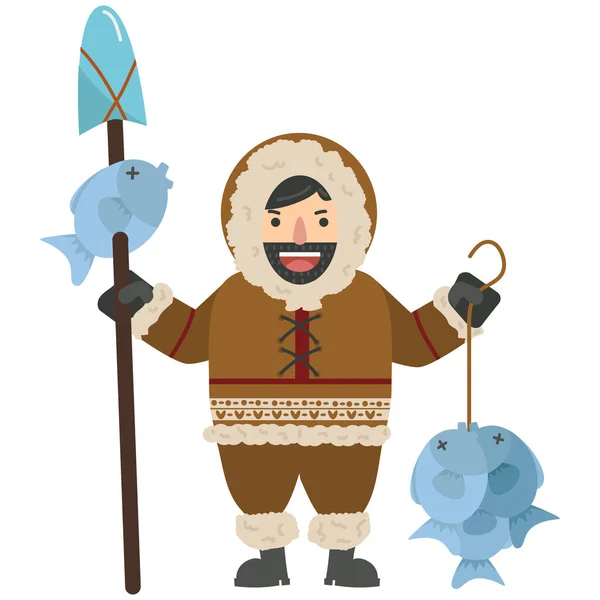 Eskimoski Człowiek Wektor Cartoon Fisherman — Wektor stockowy
