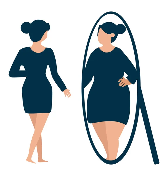 Mädchen Blickt Spiegel Und Sieht Ihr Fett — Stockvektor