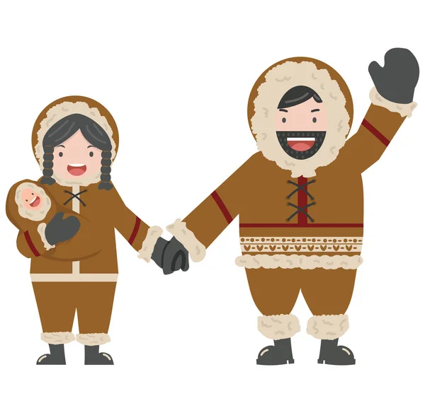 Eskimos Szczęśliwi Rodzice Dziecko Futrze — Wektor stockowy