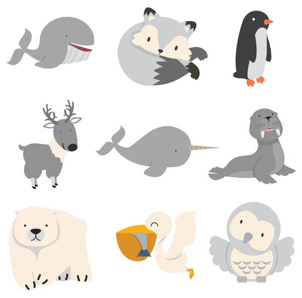Collezione Cartoni Animati Animali Artici Set Design Piatto — Vettoriale Stock