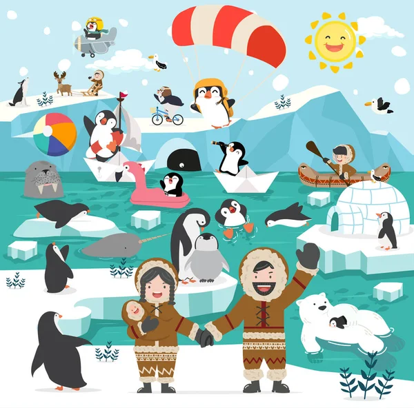 Polo Nord Inverno Animali Artici Iceberg — Vettoriale Stock