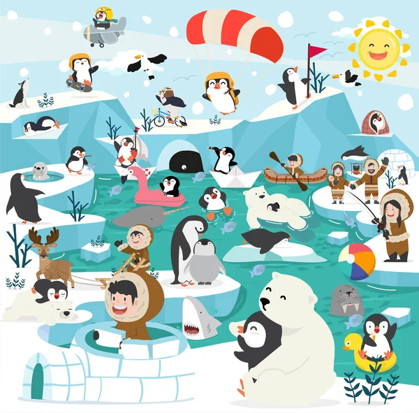 North Pole Winter Arctic Animals Icebergs Vector — Vetor de Stock