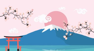 Fuji Dağı arkaplanlı pembe çiçek dalı