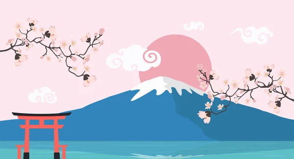 Розовая Цветочная Ветвь Фоне Горы Фудзи — стоковый вектор