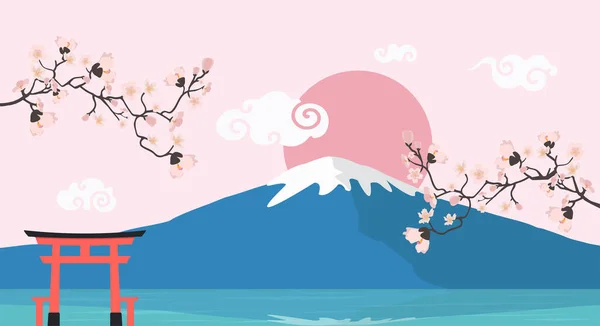 Fuji Dağı arkaplanlı pembe çiçek dalı