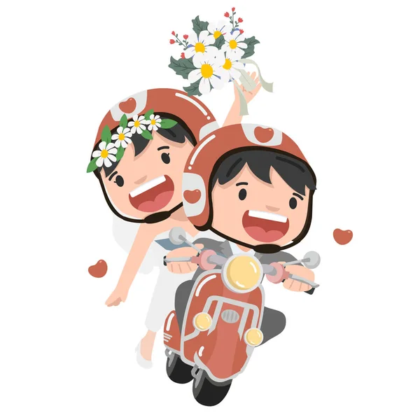 Happy Couple Wedding Rides Vintage Scooter — Stock Vector