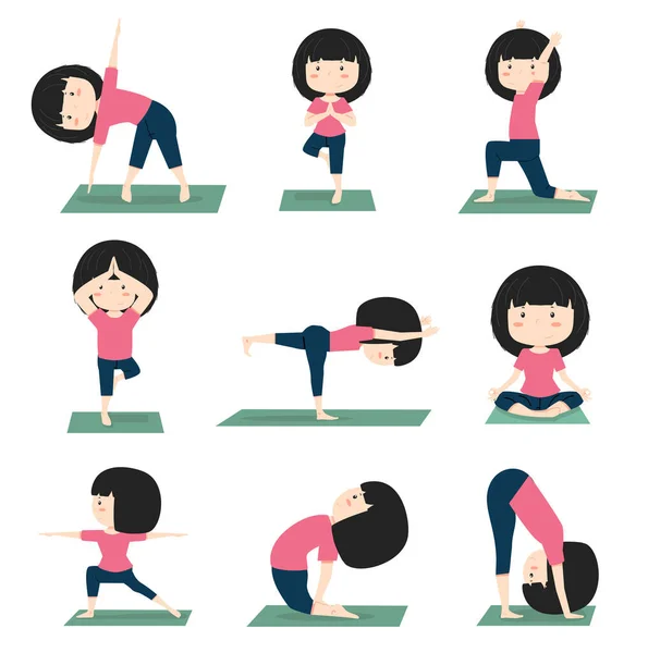 Girl Meditating Practicing Yoga Doing Pose Set — Stock Vector