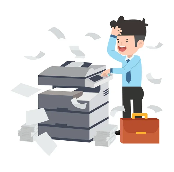 Businesman Using Copy Machine Lot Paper Documents — 스톡 벡터