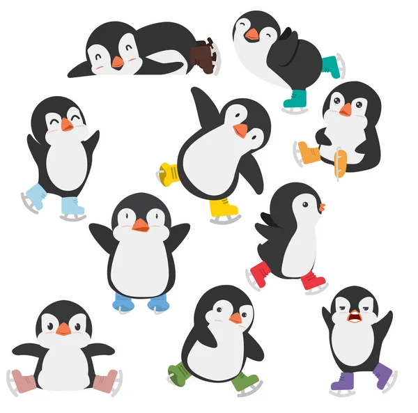 Fericit Pinguin Patine Gheață Set Desene Animate — Vector de stoc