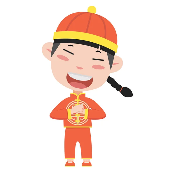 Chinese Cute Boy Cartoon Greeting Pose Vector — Archivo Imágenes Vectoriales