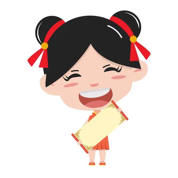 Chinees Meisje Met Het Houden Van Een Leeg Teken Cartoon — Stockvector