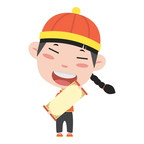 Chinese Boy Holding Blank Sign Cartoon — Vector de stock