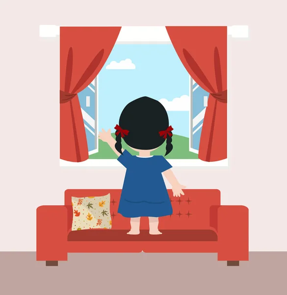 Child Girl Standing Back Couch View Window — Image vectorielle