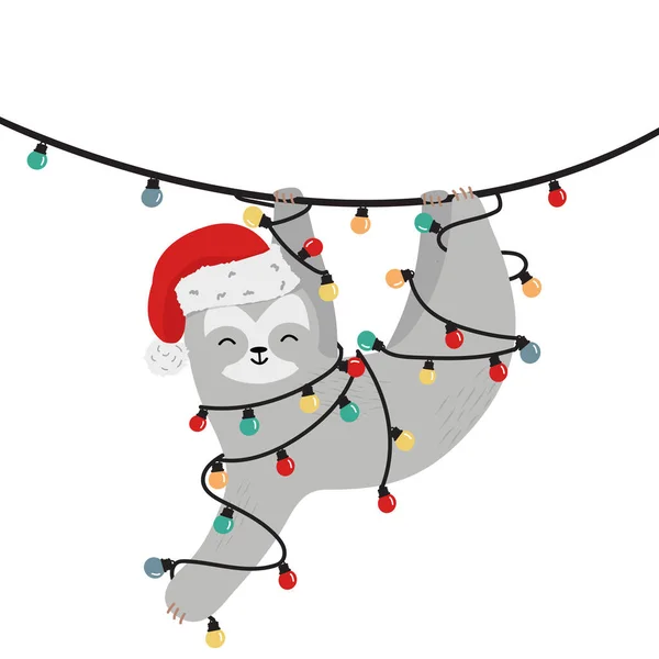 Sloth Wear Hat Christmas Climbing Light Bulb — Wektor stockowy
