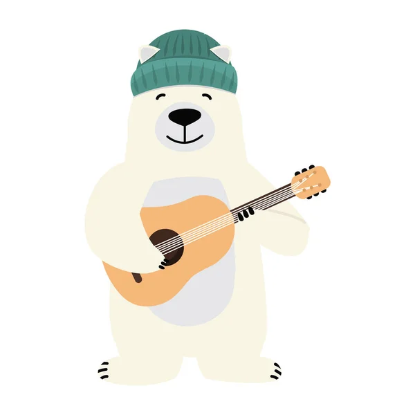 White Bear Holding Guitar Cartoon — ストックベクタ