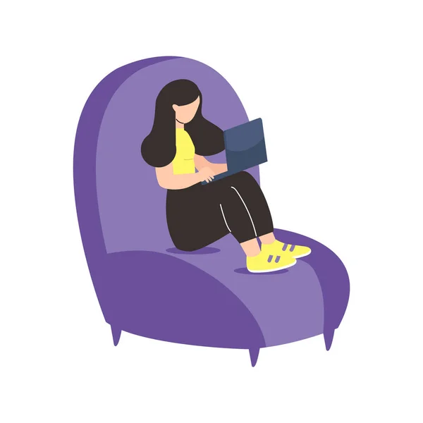 Woman Working Laptop Purple Sofa — Archivo Imágenes Vectoriales