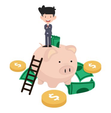 businessman standing on a Piggy bank