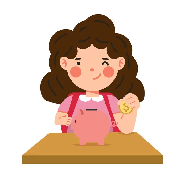 Girl Putting Coin Piggy Bank Concept — Vector de stock