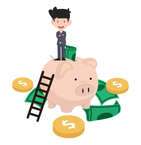 Businessman Standing Piggy Bank — Vetor de Stock