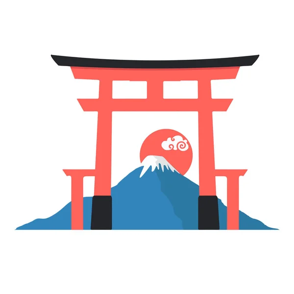 Monte Fuji Sol Vermelho Com Ícone Portão Torii —  Vetores de Stock