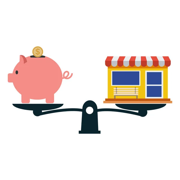 Piggy Bank Shop Sur Peseuse Économisez Sur Concept Achat — Image vectorielle