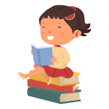 Kitap Yığını Üzerinde Oturan Kız Kitabı Okuyor