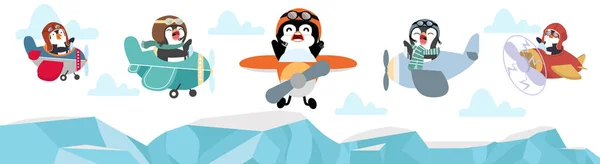 Lustige Pilot Pinguin Fliegendes Flugzeug Set — Stockvektor