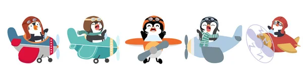 Divertente Pilota Pinguino Volo Aereo Set — Vettoriale Stock