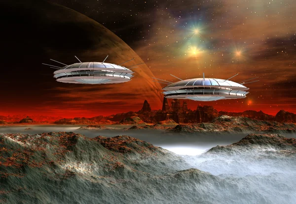 Fantasia planeta alienígena com naves espaciais — Fotografia de Stock