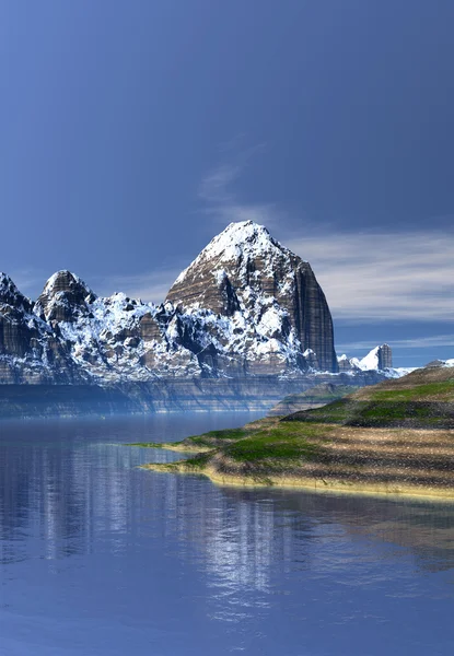 Fantasy landskap med berg och en sjö — Stockfoto