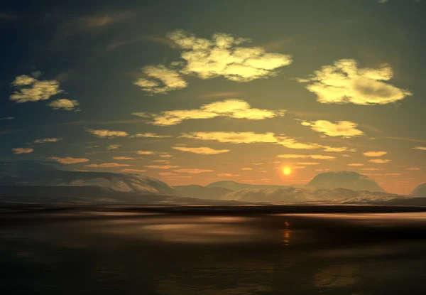 Fantasy landskap med en solnedgång — Stockfoto