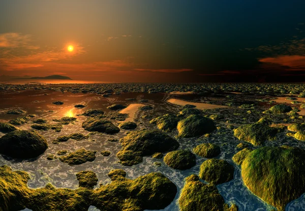 Paesaggio fantasy con tramonto — Foto Stock