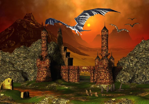 Fantasy Castle And Dragons - Computer Artwork — Stock Photo, Image