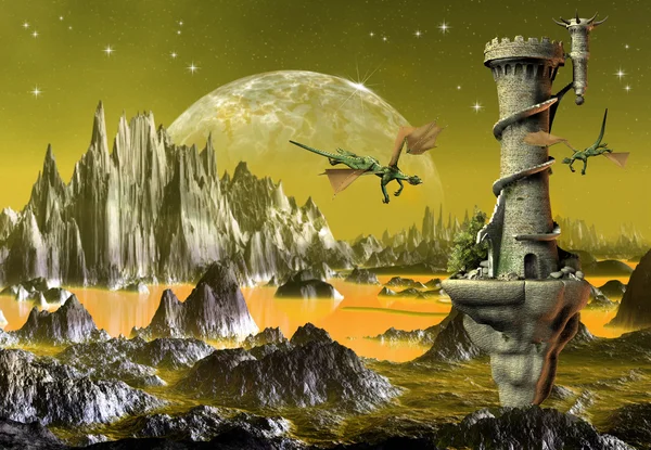 Fantasy Scene With Dragons - Computer Artwork — Stock Photo, Image