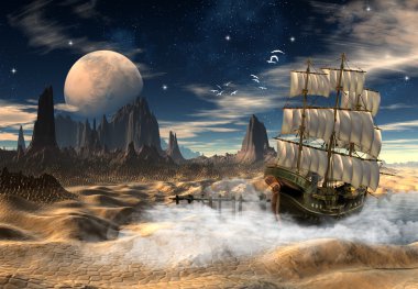 Fantasy Scene of a Ship in a Desert