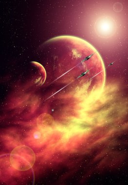 Background with Stars, Nebula, Planets and Spaceships