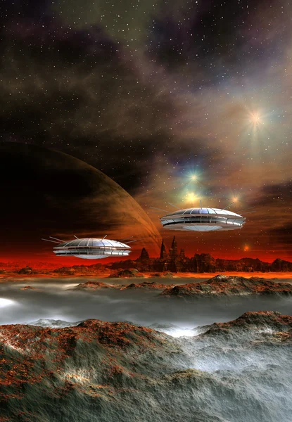 Alien Planet With Spaceships — Stock Photo, Image