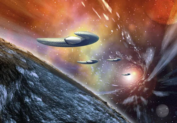 Planeta alienígena com Naves Espaciais — Fotografia de Stock