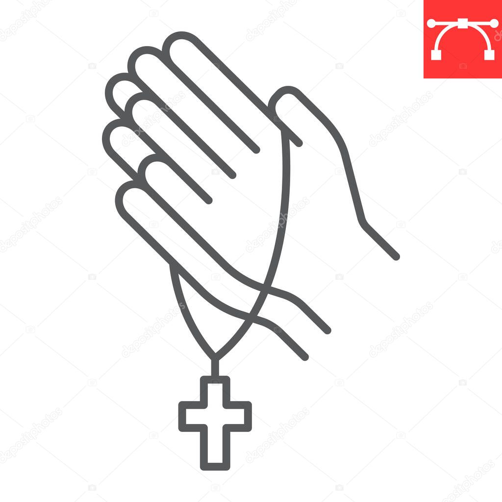 Pray line icon, hope and christianity, praying hands with rosary vector icon, vector graphics, editable stroke outline sign, eps 10.