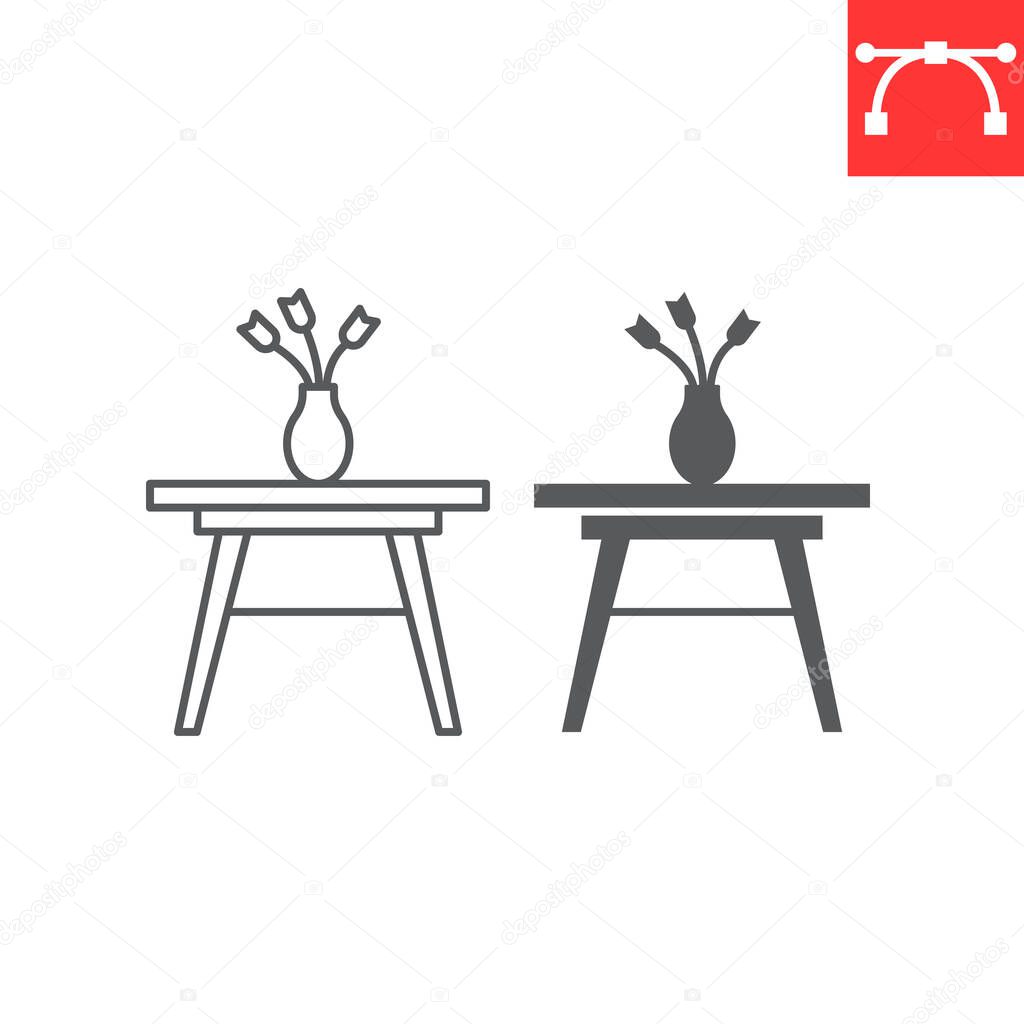 Table with vase flowers line and glyph icon, furniture and interior, coffee table and flowers vase vector graphics, editable stroke outline sign, eps 10.