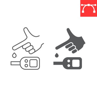 Glukometre çizgisi ve glyph simgesi, diyabetik ve monitör, kan glikoz metre vektör ikonu, vektör grafikleri, düzenlenebilir çizgi işareti, 10 PS.