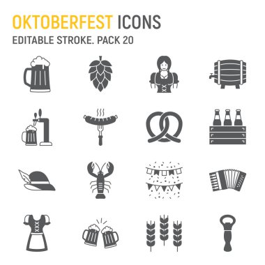 Oktoberfest sembol seti, bira koleksiyonu, vektör grafikleri, logo illüstrasyonları, Oktoberfest vektör simgeleri, bira işaretleri, katı piktogramlar, düzenlenebilir felç